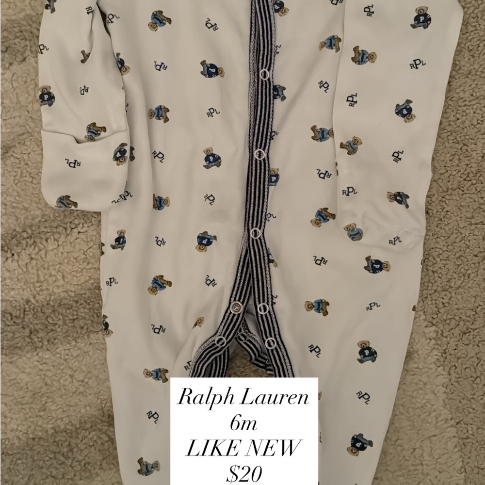 Ralph Lauren White Baby Onesie with Bear Print
